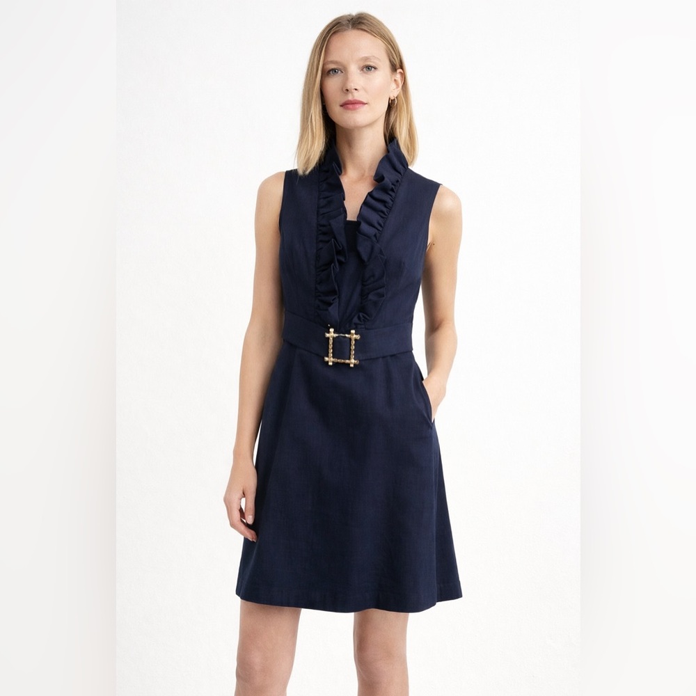 Elizabeth McKay Ruffle Collar Belted Mini Dress Navy Size 2